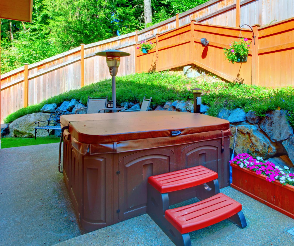 Hot tub with a brown cover in a garden